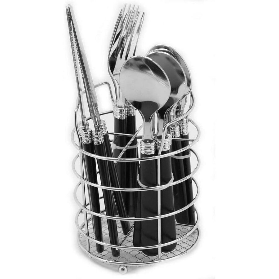 Gibson Everyday Sensations II 53441.16 16-Piece Stainless Steel Flatware Set with Chrome Caddy, Black Handles, Service for 4, Dishwasher Safe