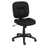 Elama armless mid-back office task chair in black mesh fabric with cushioned seat and five-wheel swivel base, front three-quarter view