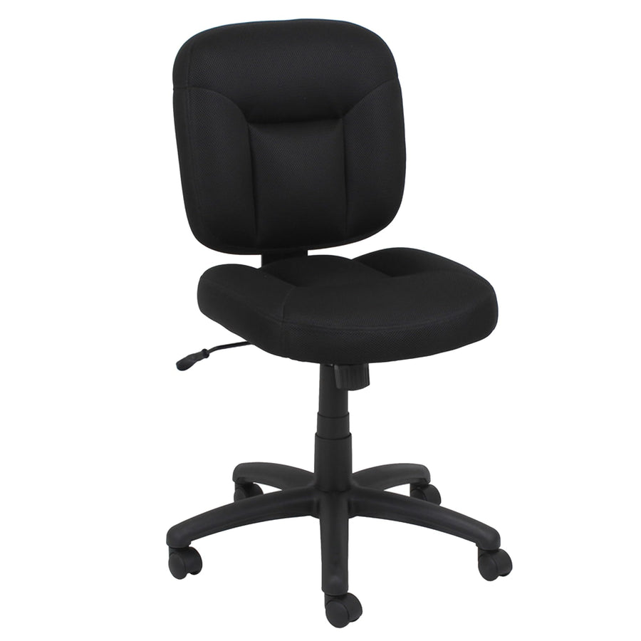 Elama armless mid-back office task chair in black mesh fabric with cushioned seat and five-wheel swivel base, front three-quarter view
