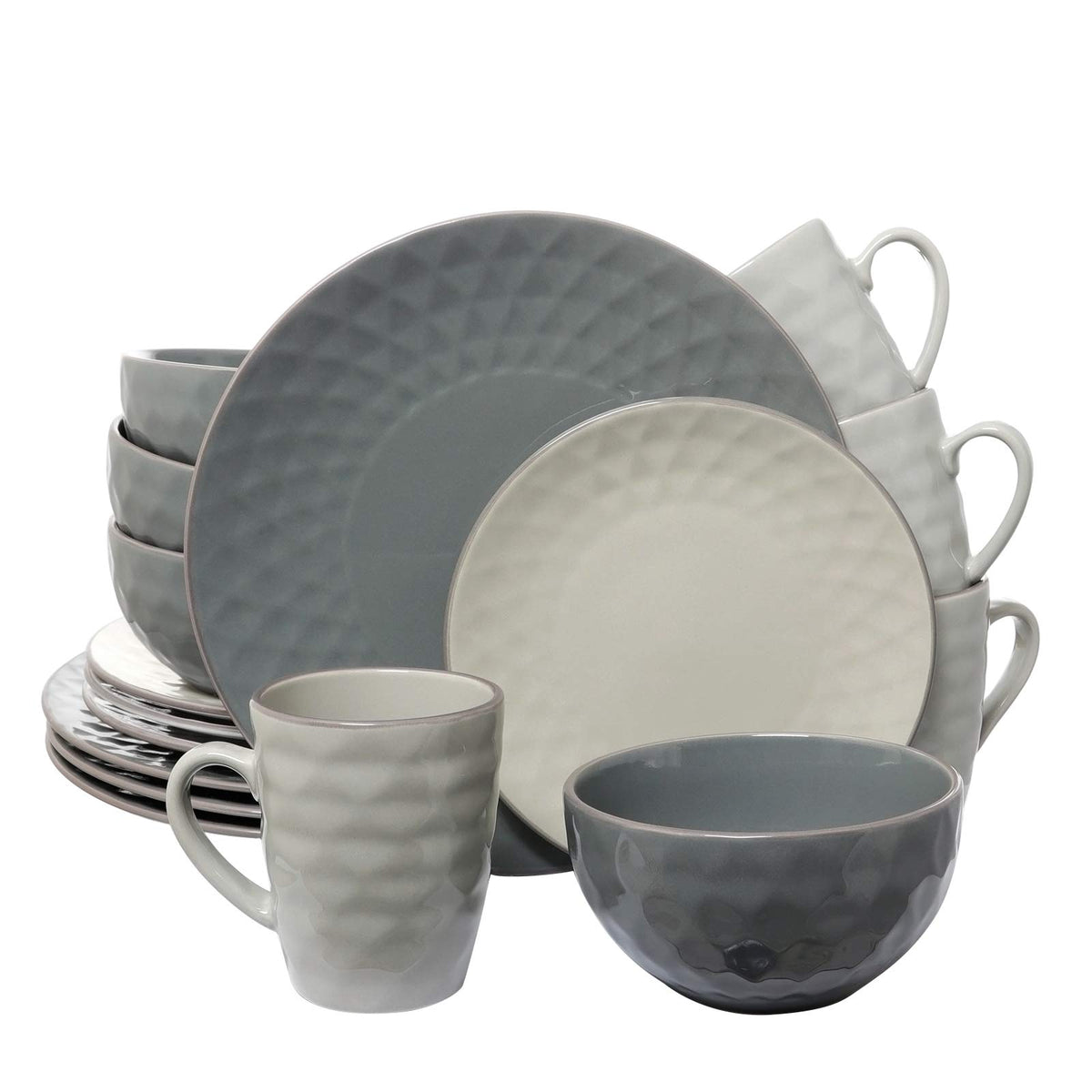 Elama Tahitian Pearl 16-Piece Stoneware Dinnerware Set in Slate and Stone Pearl, Service for 4