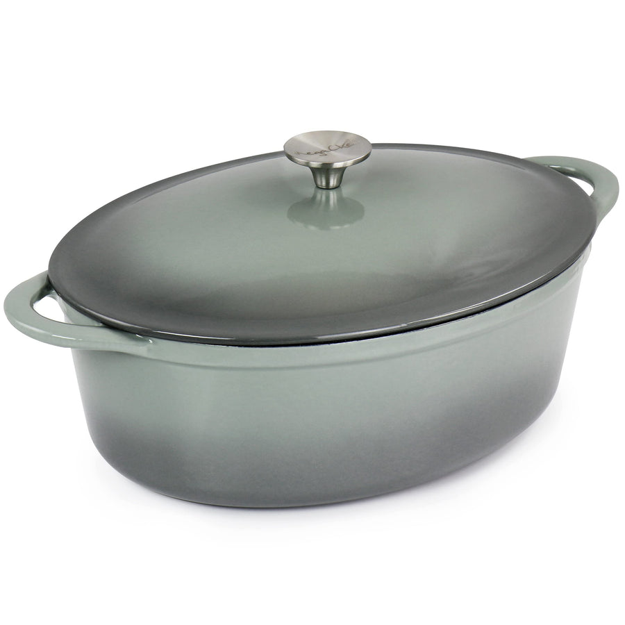 MegaChef Enameled Cast Iron Oval Casserole with Lid, 7 Qt, Holds a Whole Chicken, Gray