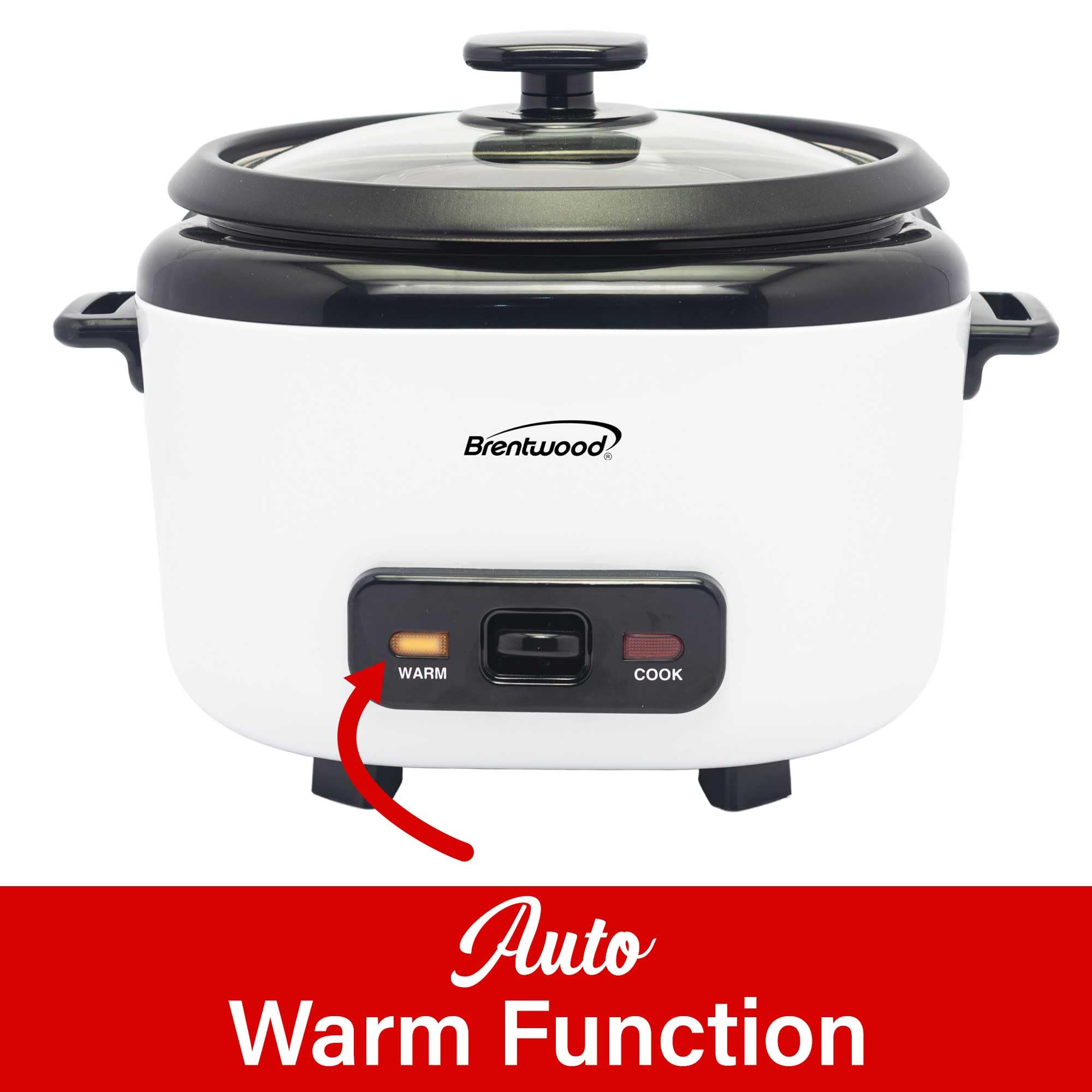 Brentwood RC-5016W 16-Cup Cooked Rice Cooker with Steam Tray - White, 500W with Measuring Cup & Spatula