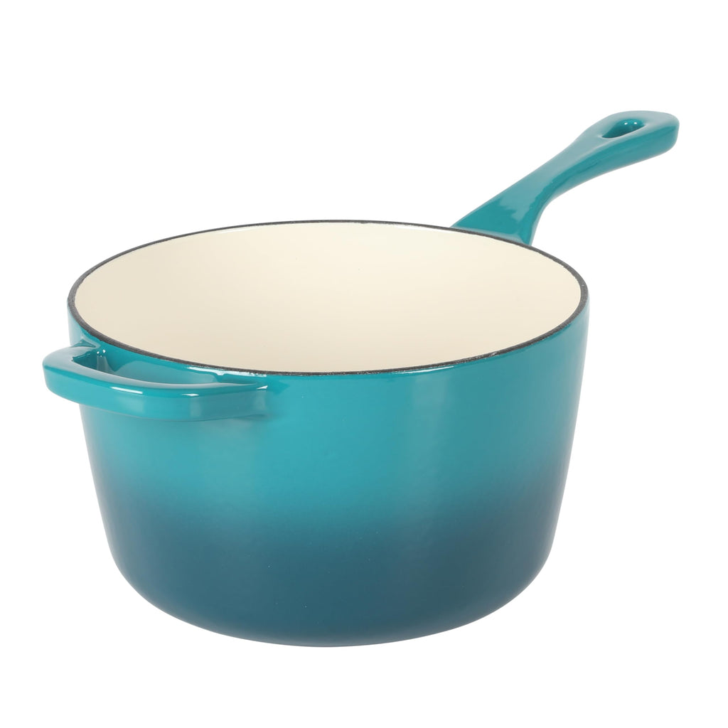 Crock-Pot Artisan 3-Quart Enameled Cast Iron Saucepan with Lid — Teal Ombre, Oven-Safe Heirloom Cookware for Sauces, Soups, Risotto & Braising