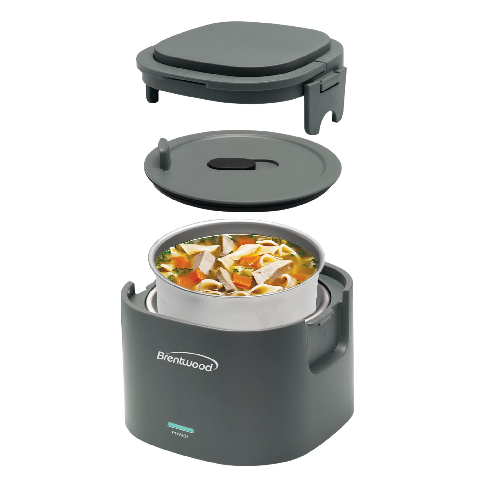 Brentwood ELB-600GRY 0.6L Portable Leakproof Electric Lunch Box - Gray, 50W Food Warmer with Removable Stainless Steel Container