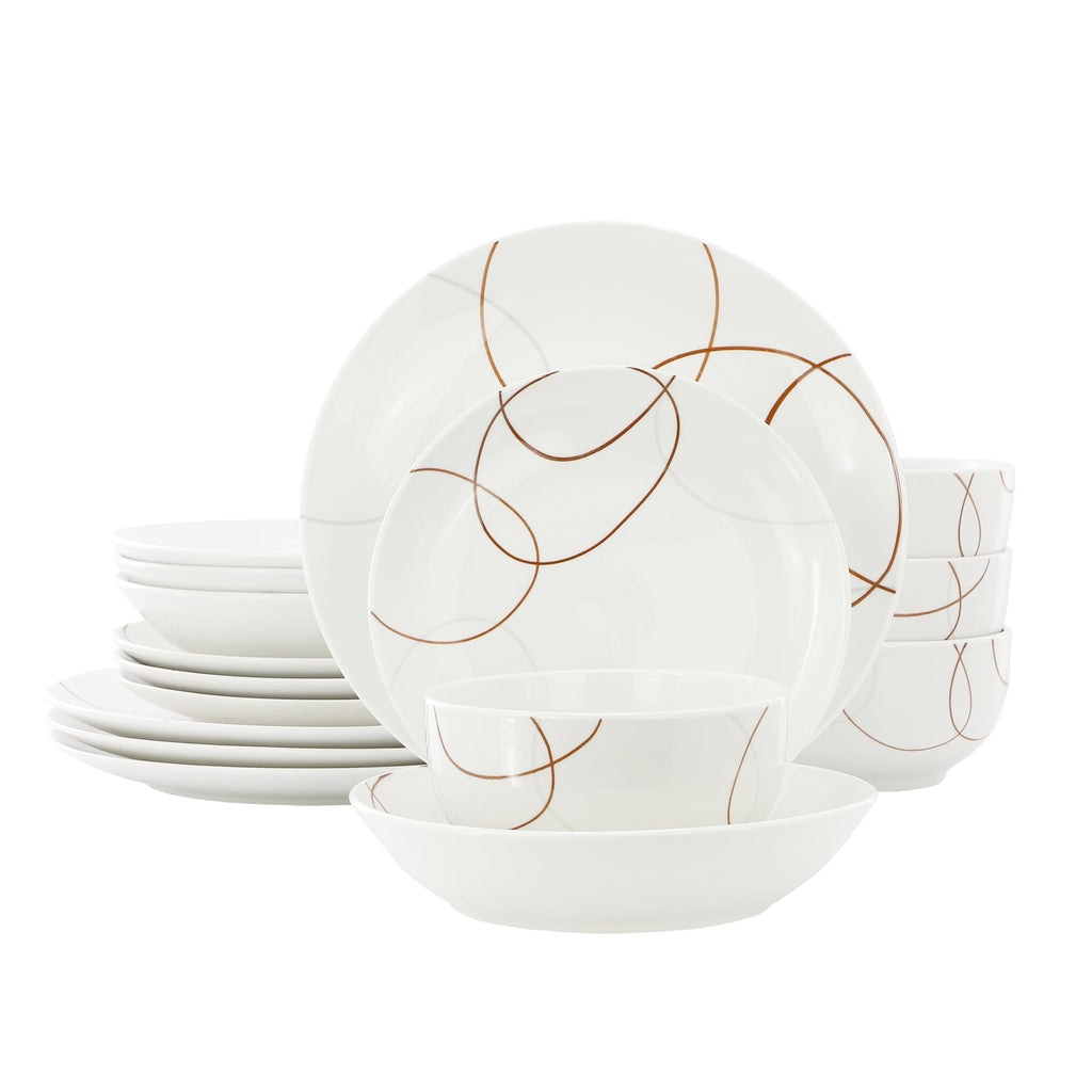 Elama Sydney 16-Piece Porcelain Double Bowl Dinnerware Set – White Abstract Service for 4