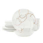 Elama Sydney 16-Piece Porcelain Double Bowl Dinnerware Set – White Abstract Service for 4