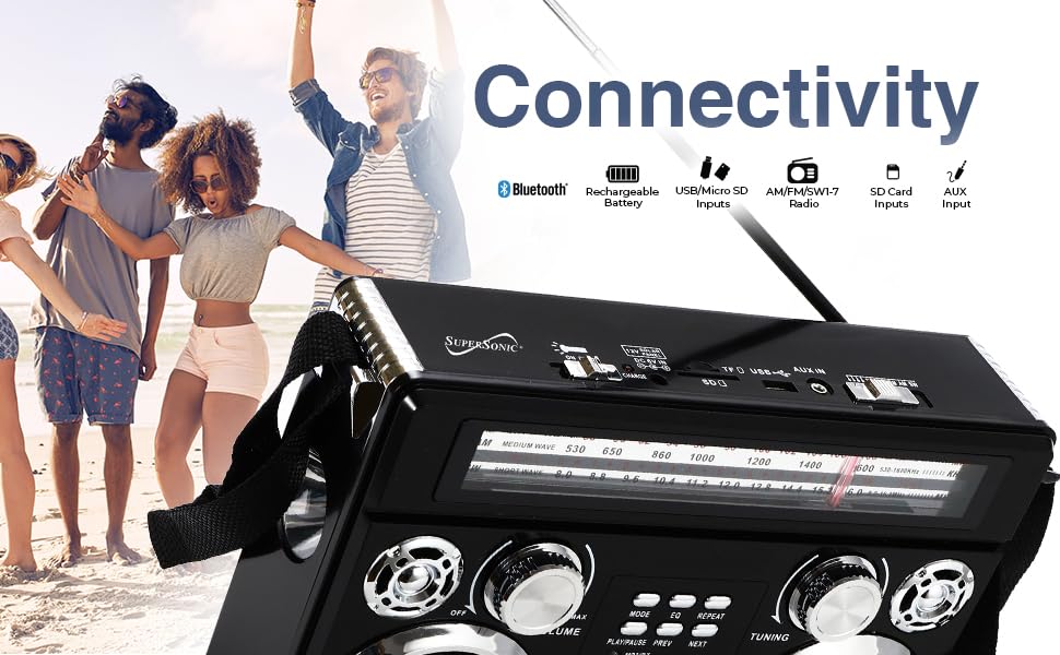 Supersonic SC-1097BT Retro 3-Band Bluetooth Radio with Flashlight, Rechargeable, Black