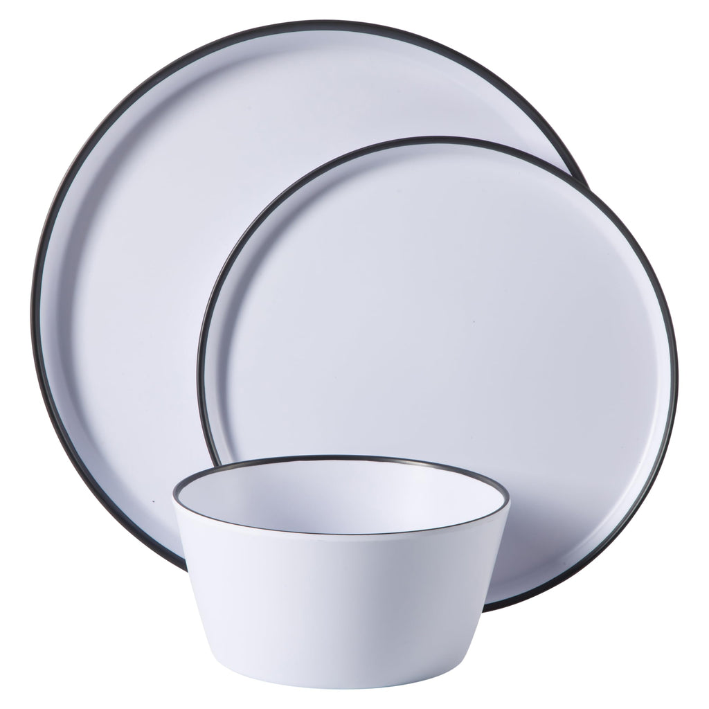 Gibson Home Folsom Shores 12-Piece Melamine Dinnerware Set, White with Black Rim, Service for 4