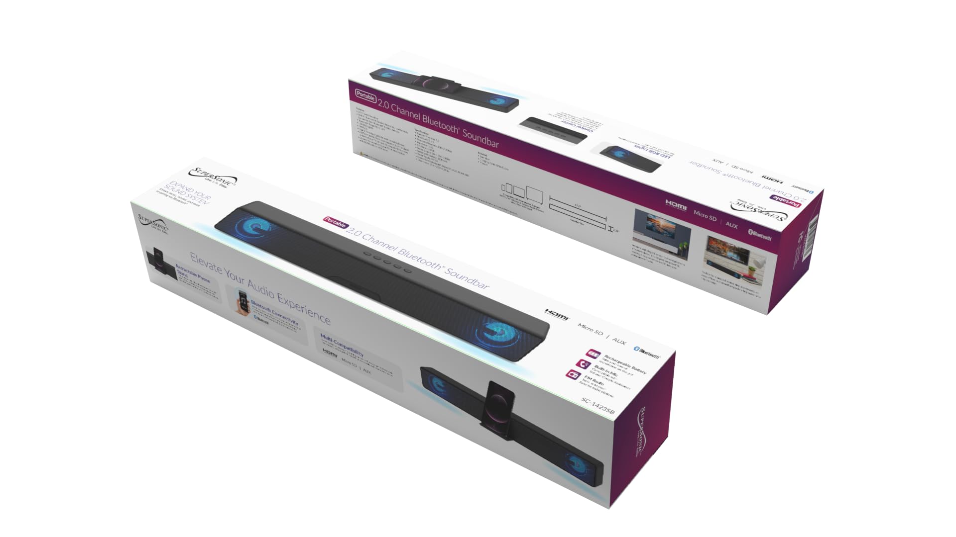 Supersonic Portable 2.0-Channel Bluetooth Soundbar with RGB Lights