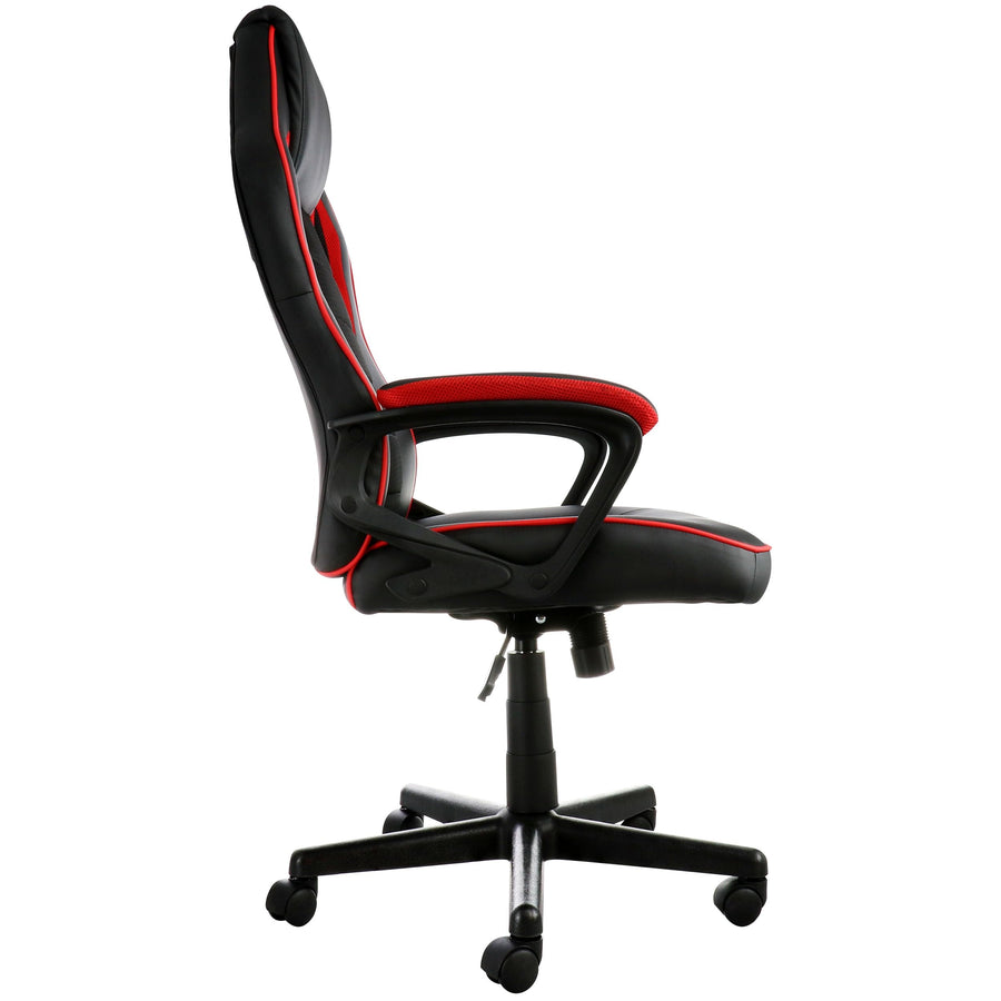 Elama black and red high back office chair, side profile showing the padded armrest, red piping and gas lift