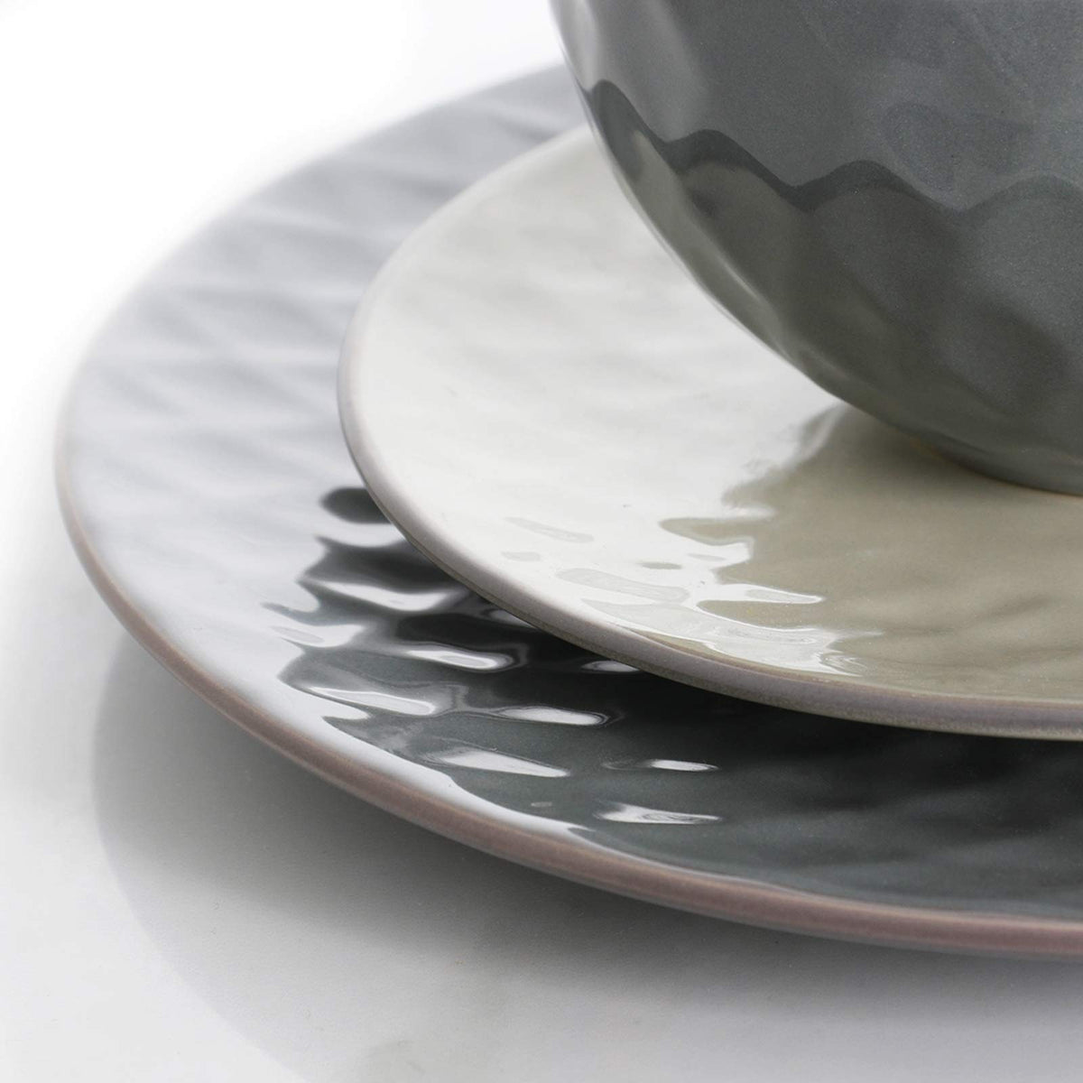 Elama Tahitian Pearl 16-Piece Stoneware Dinnerware Set in Slate and Stone Pearl, Service for 4
