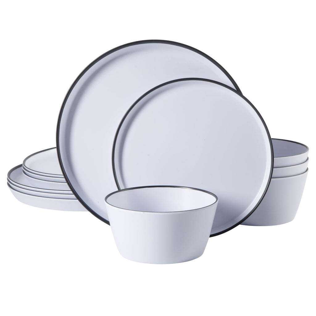 Gibson Home Folsom Shores white melamine dinnerware set with black rim