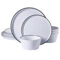 Gibson Home Folsom Shores white melamine dinnerware set with black rim