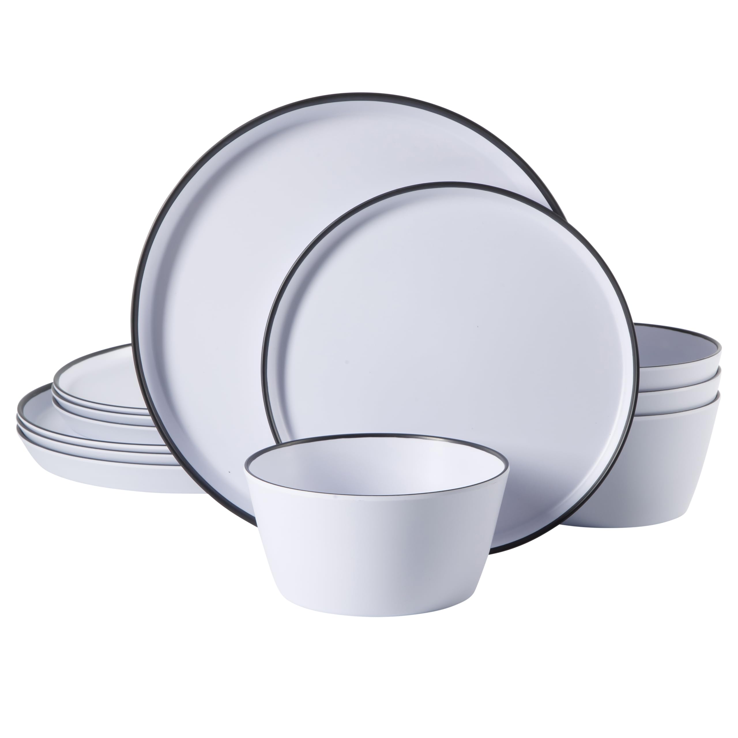 Gibson Home Folsom Shores white melamine dinnerware set with black rim