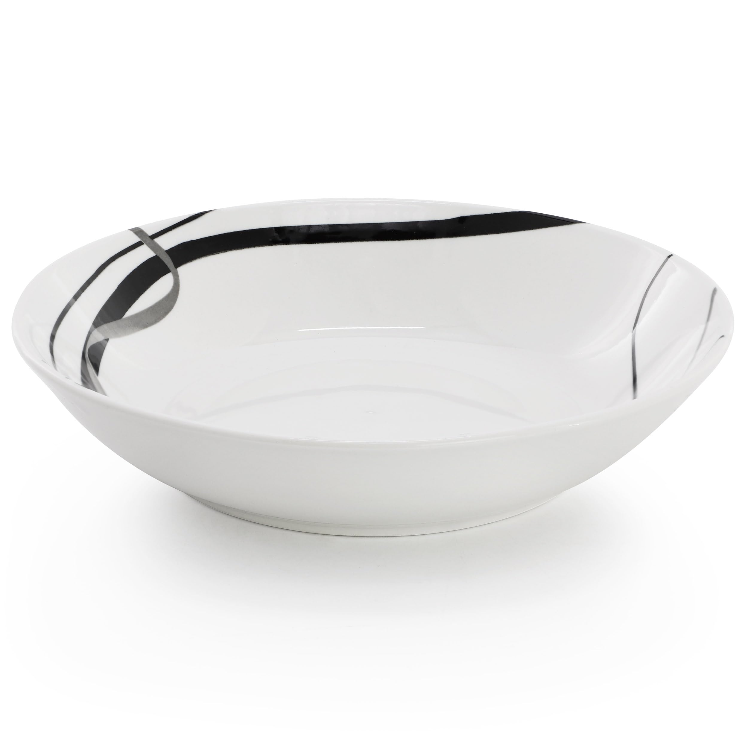 Elama Sarah 24-Piece Porcelain Black Ribbon Double Bowl Dinnerware Set – White & Black | Service for 6