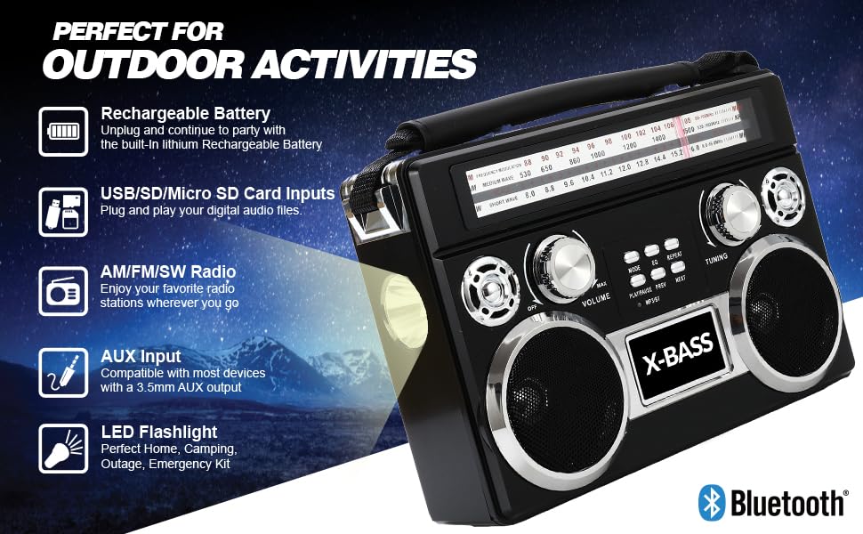 Supersonic SC-1097BT Retro 3-Band Bluetooth Radio with Flashlight, Rechargeable, Black