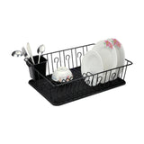 Better Chef 16 inch black wire dish drying rack with black drain tray, cutlery holder and mug hooks, loaded with plates and a bowl