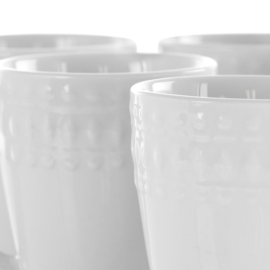 Elama Cara 6-Piece 10 oz Porcelain Cup Set, White, Dimpled Texture Band, Dishwasher and Microwave Safe