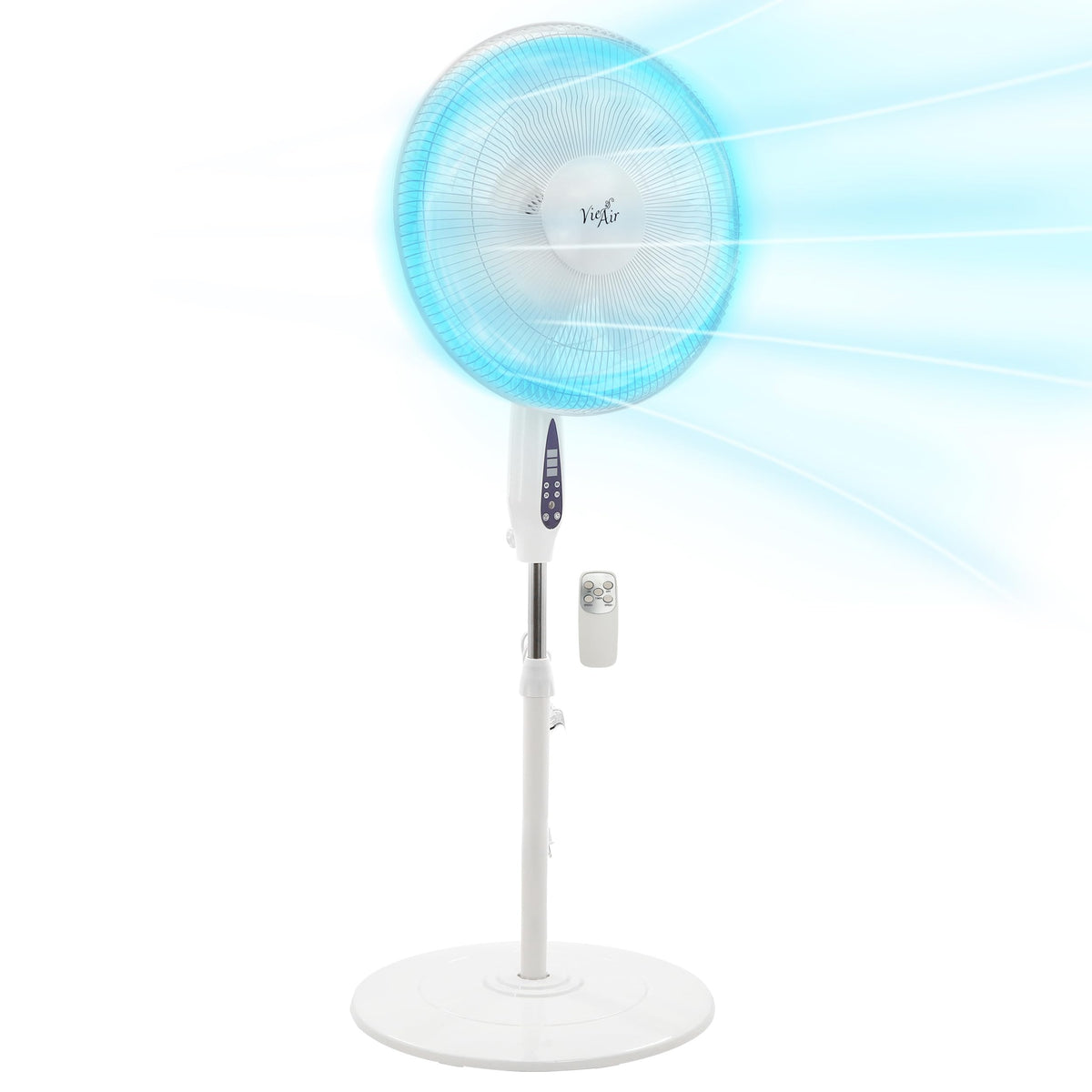 Vie Air 16 Inch Oscillating Pedestal Stand Fan with Remote & 7.5-Hour Timer, 3-Speed, Adjustable Height, White