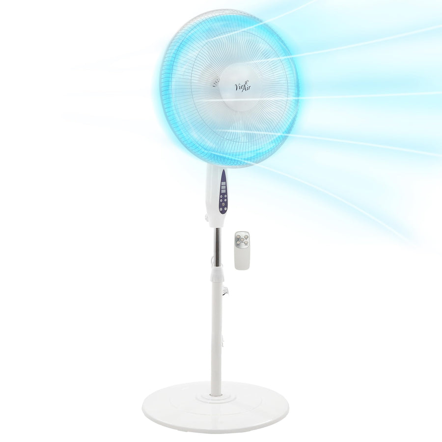 Vie Air 16 Inch Oscillating Pedestal Stand Fan with Remote & 7.5-Hour Timer, 3-Speed, Adjustable Height, White