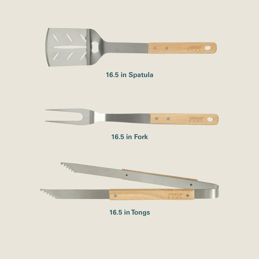 Gibson Home Barbeque Plus 3-Piece Stainless Steel BBQ Tool Set with Rubberwood Handles