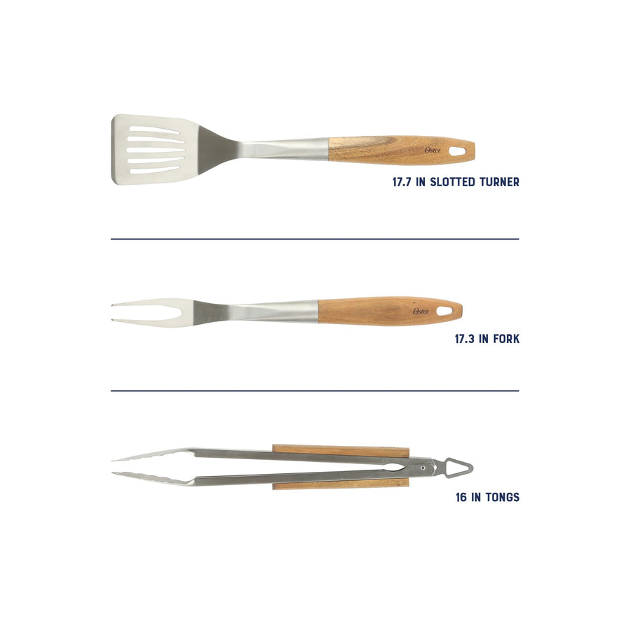 Oster Balincourt 3-Piece Stainless Steel Grilling Tool Set with Acacia Wood Handles