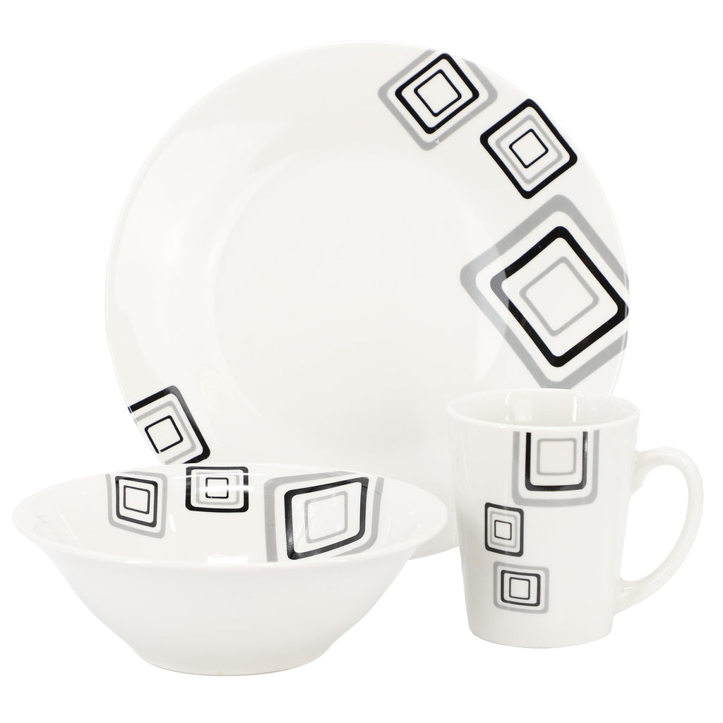 Gibson Home Black Squares 12-Piece Round Fine Ceramic Dinnerware Set – White with Modern Black Geometric Accents (Service for 4)