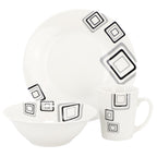 Gibson Home Black Squares 12-Piece Round Fine Ceramic Dinnerware Set – White with Modern Black Geometric Accents (Service for 4)
