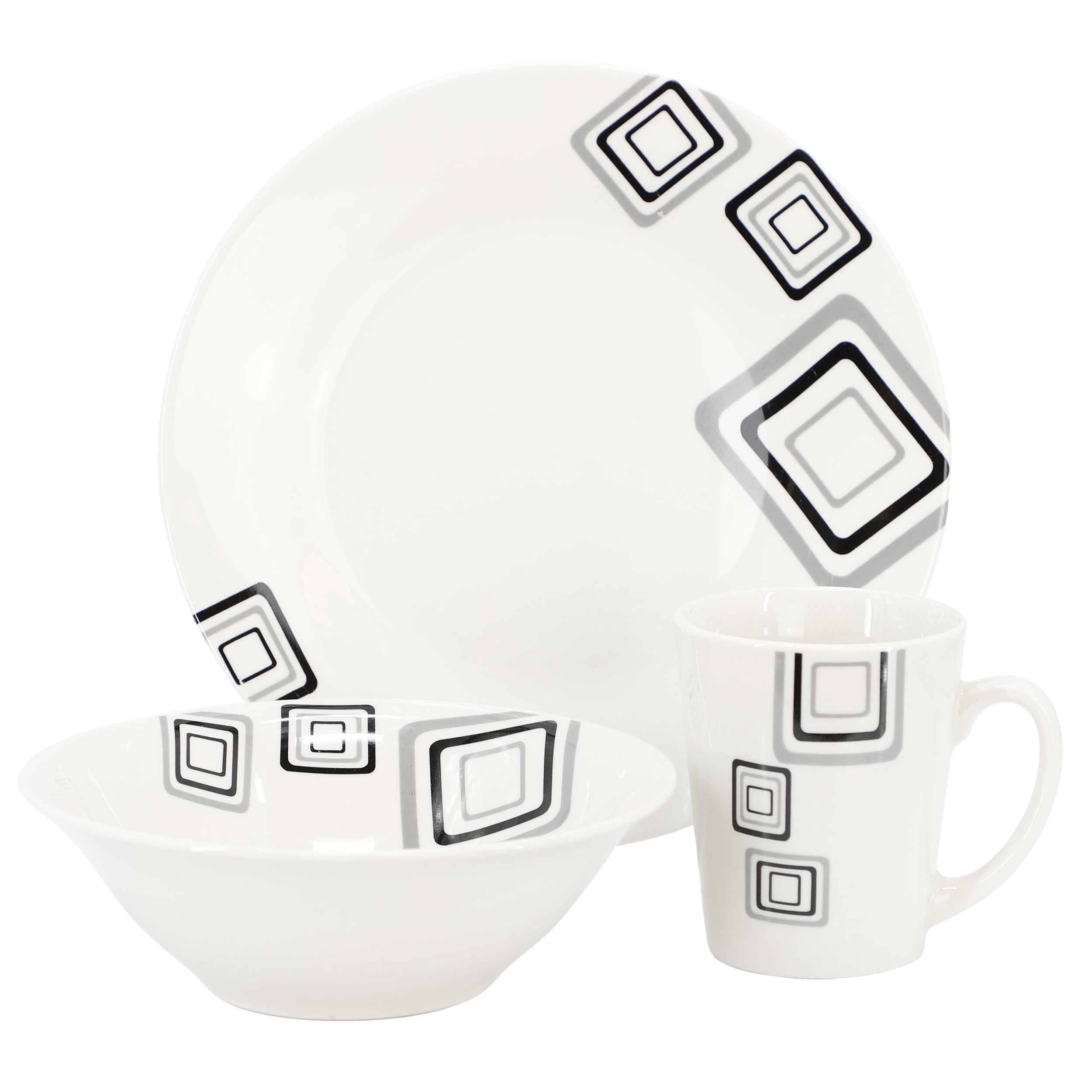 Gibson Home Black Squares 12-Piece Round Fine Ceramic Dinnerware Set – White with Modern Black Geometric Accents (Service for 4)