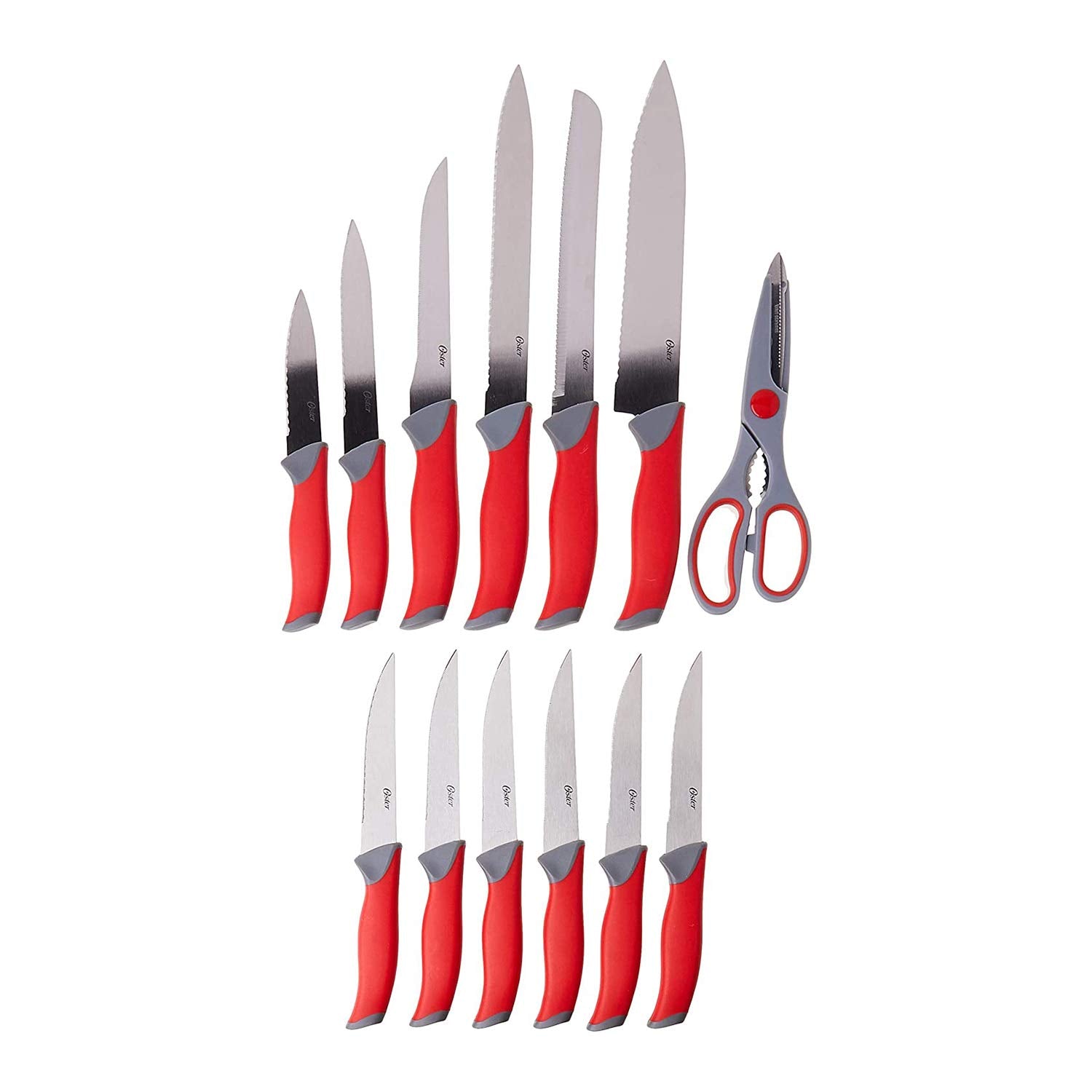 Oster Lindbergh 14-Piece Cutlery Set – Red Soft-Grip Handle Stainless Steel Knife Block Set with Sharpener & Shears
