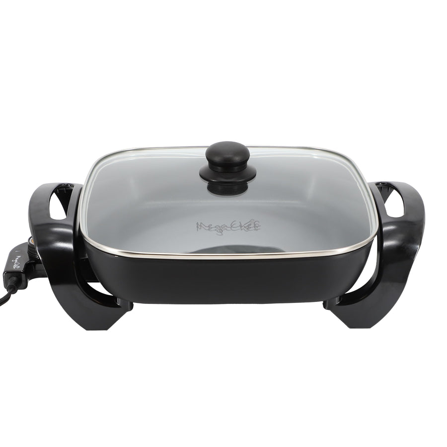 MegaChef 11.81 Inch Electric Skillet with Tempered Glass Lid, Black