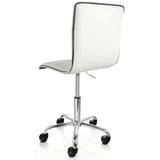 Elama white striped rolling office chair, back three-quarter view showing the black-piped edge and chrome five-wheel base