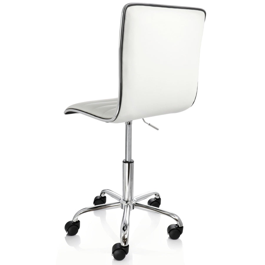 Elama white striped rolling office chair, back three-quarter view showing the black-piped edge and chrome five-wheel base