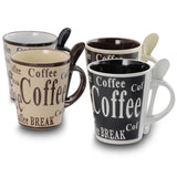 Mr. Coffee Bareggio Stoneware Coffee Mugs with Matching Spoons, Set of 4, 13 Oz, Embossed Reactive Glaze, Assorted Designs