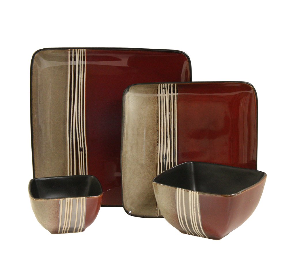 Square Stoneware Dinnerware Set for 4, 16 Piece Double Bowl, Bold Color Block Design, Elama Downtown Loft