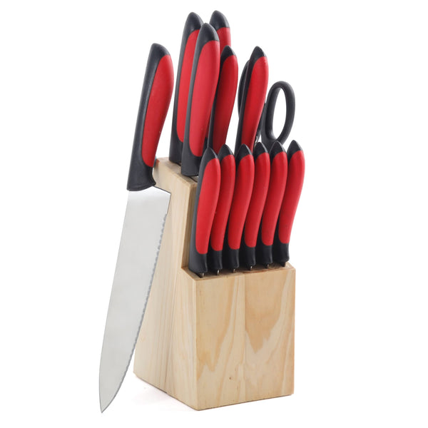 MegaChef 14 piece knife block set with red and black handles in a natural wood block
