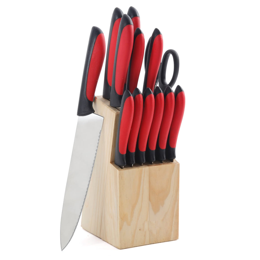 MegaChef 14 piece knife block set with red and black handles in a natural wood block