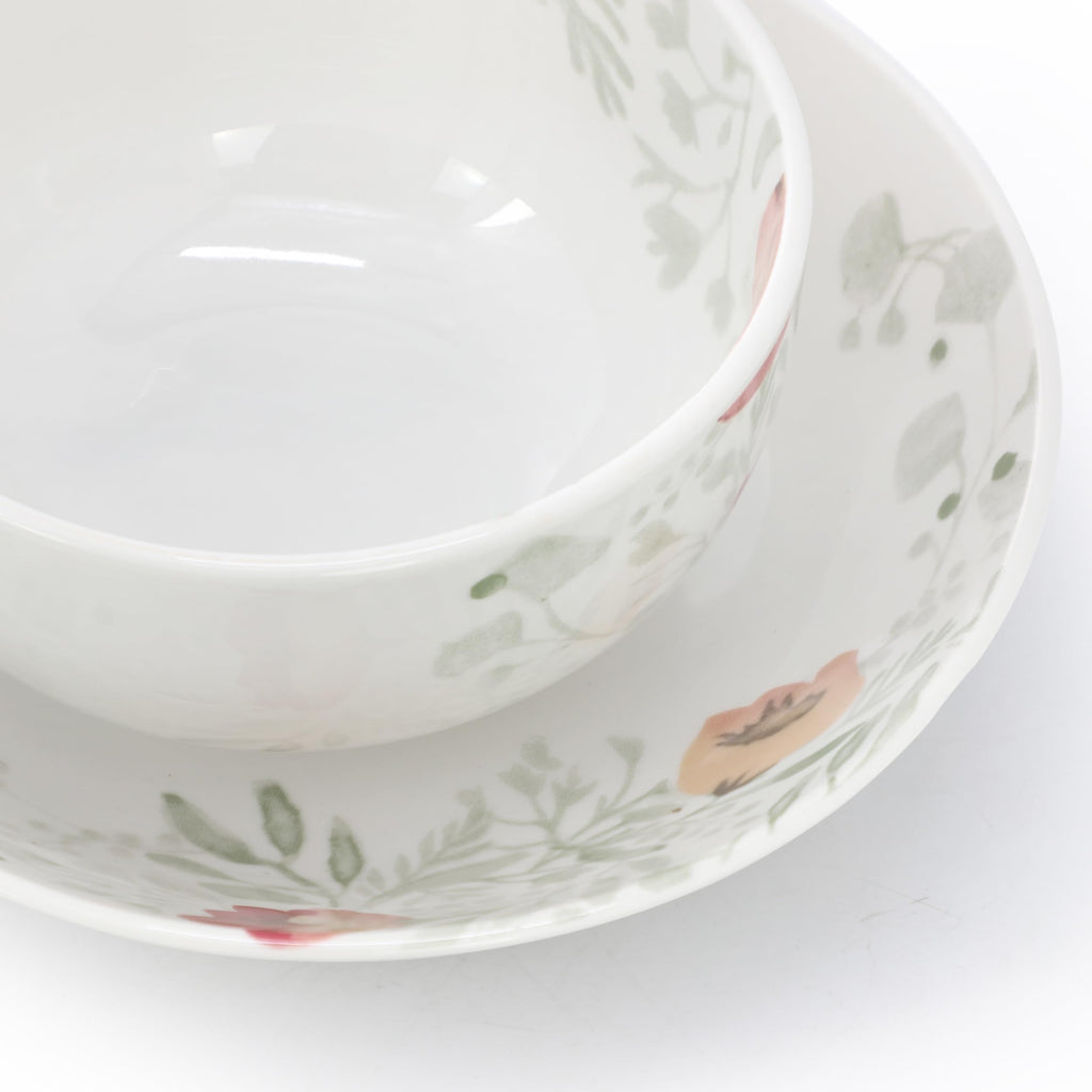 Elama Poppy 24-Piece Porcelain Double Bowl Dinnerware Set – Cherry Blossom Floral | Service for 6
