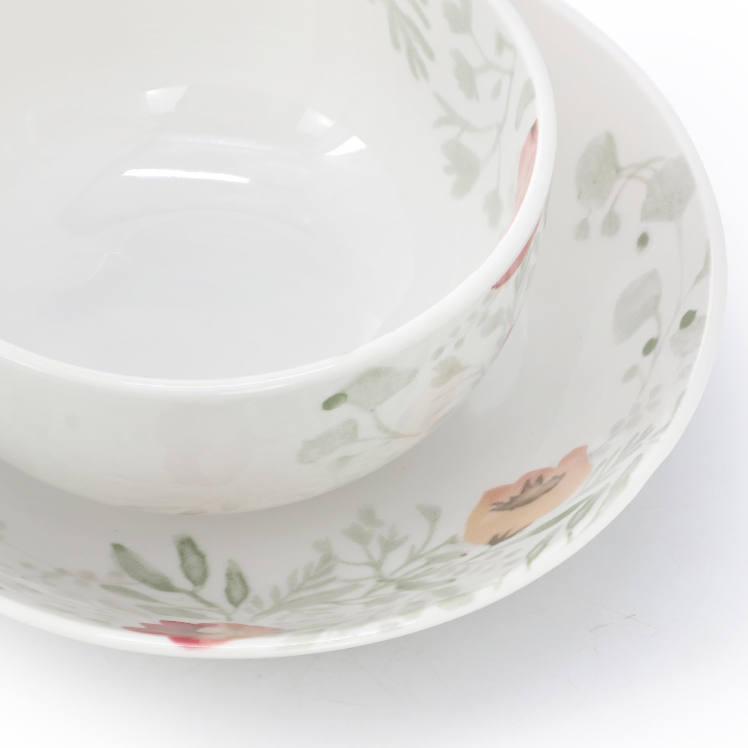 Elama Poppy 24-Piece Porcelain Double Bowl Dinnerware Set – Cherry Blossom Floral | Service for 6
