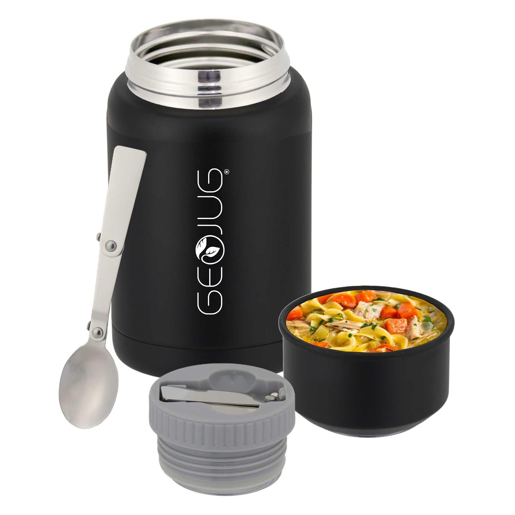 Brentwood GeoJug 17 oz black stainless steel insulated food jar with lid bowl and folding spoon