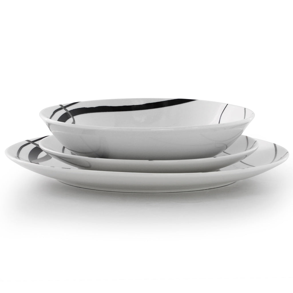 Elama Sarah 18 Piece Porcelain Ribbon Lined Dinnerware Set, Service for 6 in White and Black