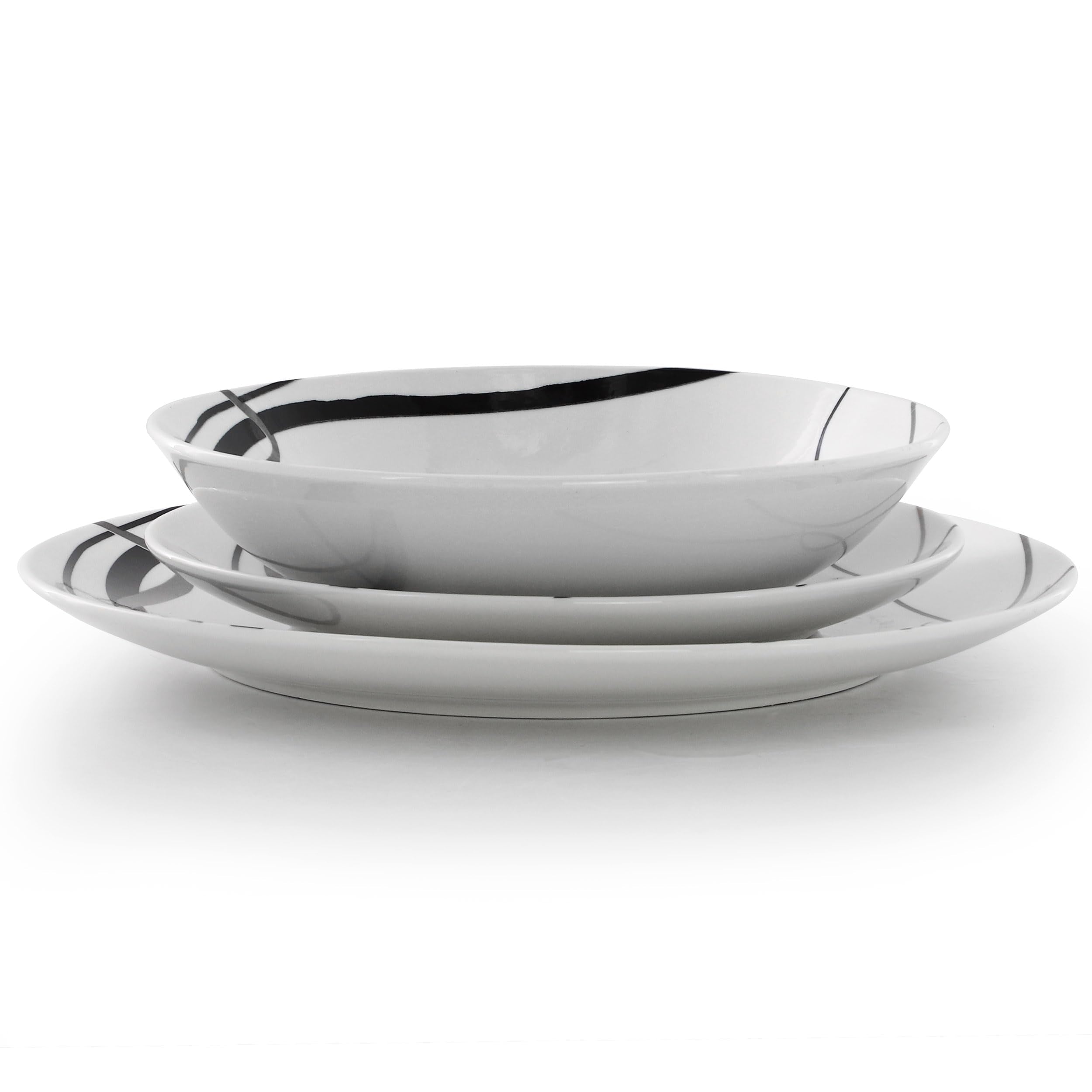 Elama Sarah 18 Piece Porcelain Ribbon Lined Dinnerware Set, Service for 6 in White and Black