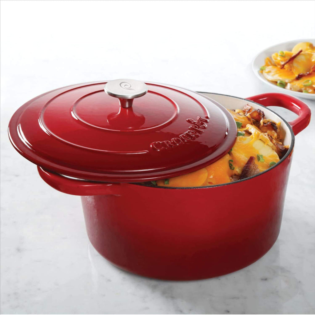 Crock-Pot Artisan 7-Quart Round Enameled Cast Iron Dutch Oven with Lid – Scarlet Red Heavy-Duty Cookware