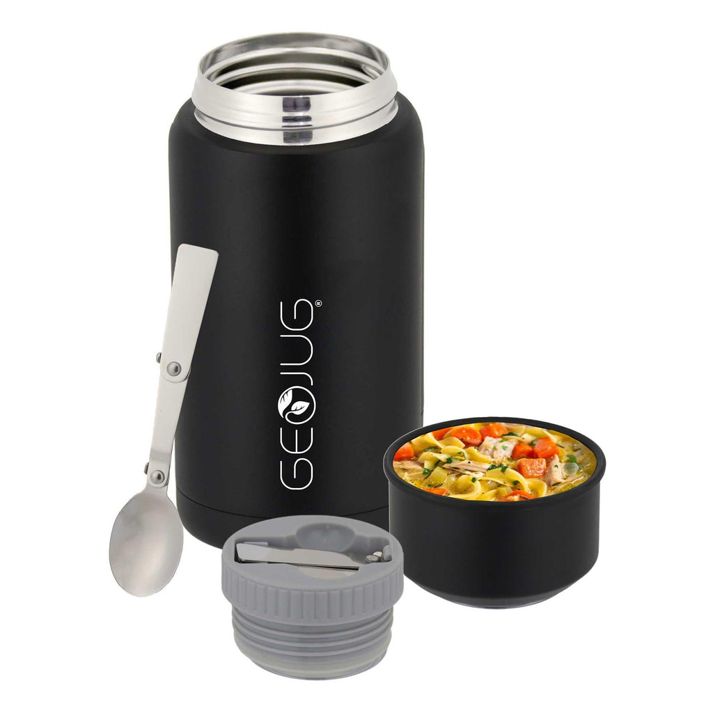 Brentwood GeoJug 25 oz black stainless steel insulated food jar with lid bowl and folding spoon