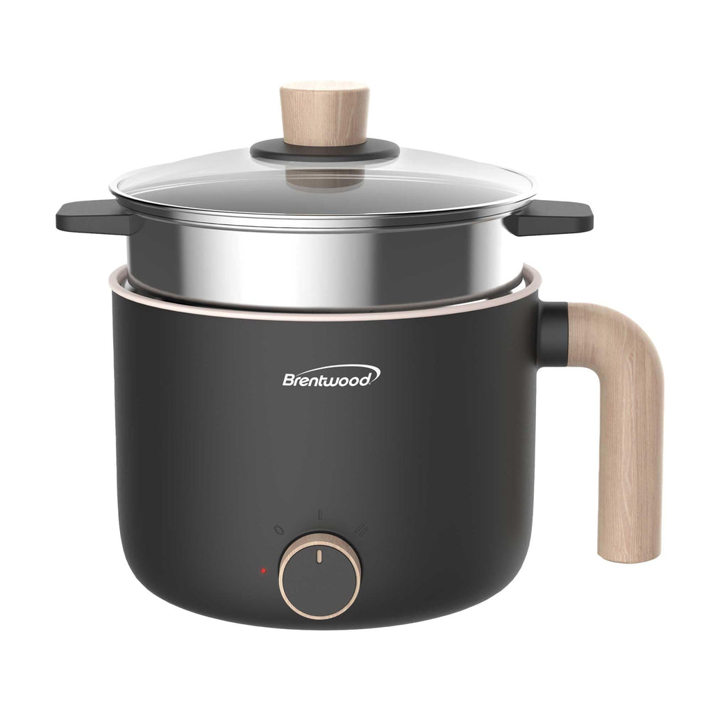 Brentwood HPS-3172BK black 1.5-liter ceramic non-stick electric hot pot cooker with stainless steamer tray