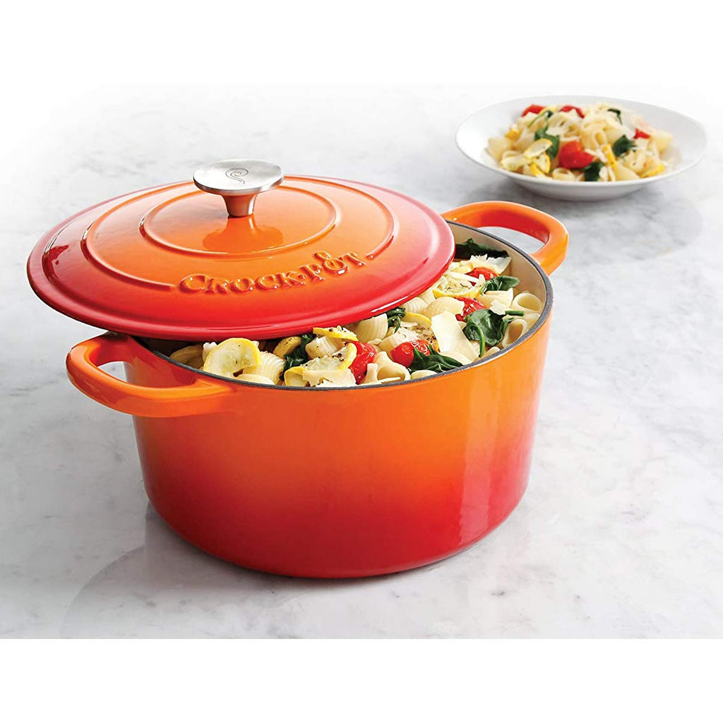 Crock-Pot Artisan 5-Quart Round Enameled Cast Iron Dutch Oven – Sunset Orange, Oven Safe to 500°F, Self-Basting Lid, Induction Compatible