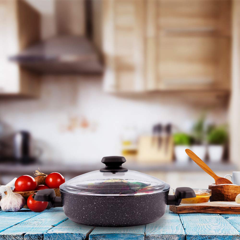 Korkmaz Ornella A1344 10-Inch 3.5 Liter Non-Stick Low Casserole with Glass Lid - Black, Induction Compatible, Made in Turkey