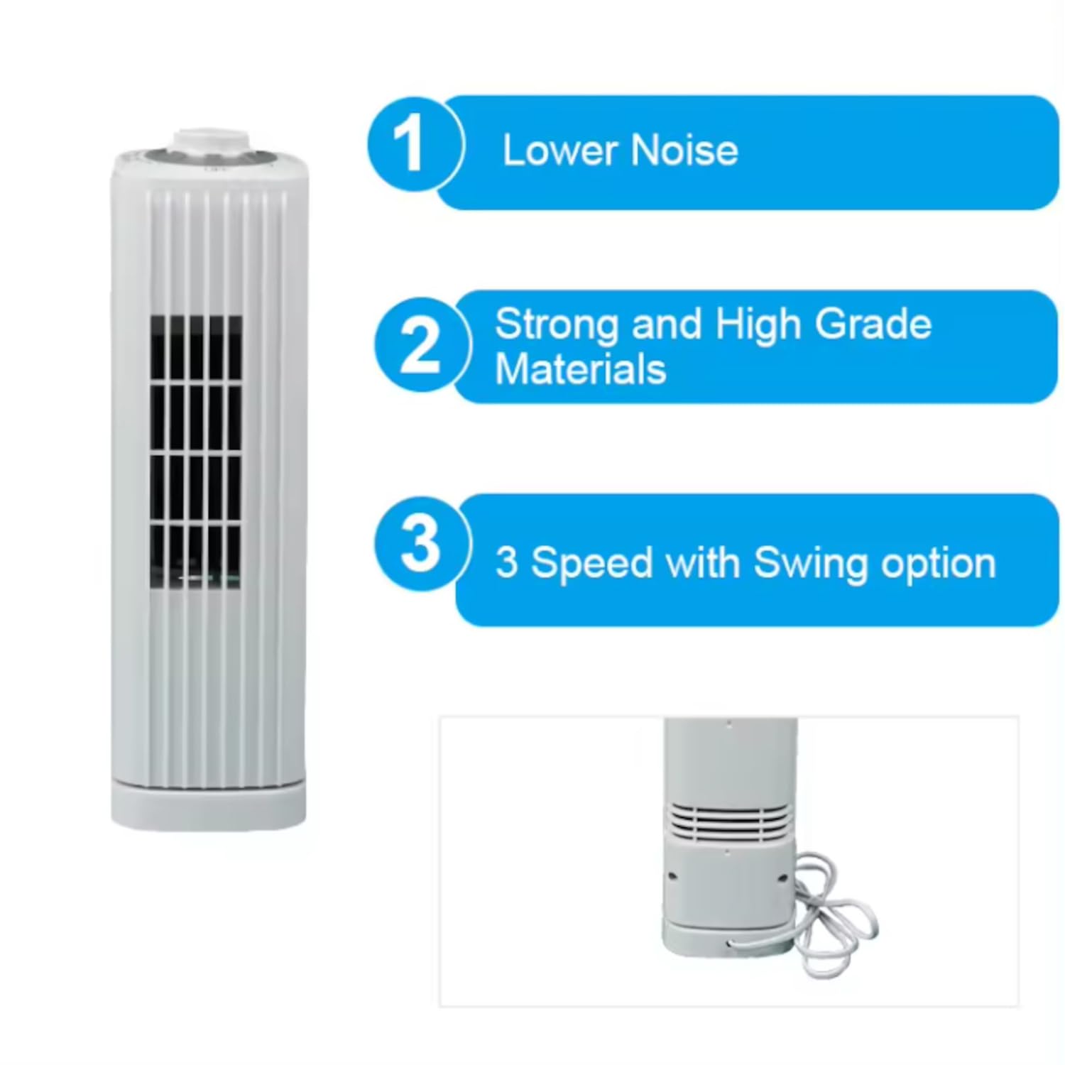 Optimus F-7348WH 14 Inch Portable Ultra-Slim Desktop Oscillating Tower Fan, 3-Speed, White
