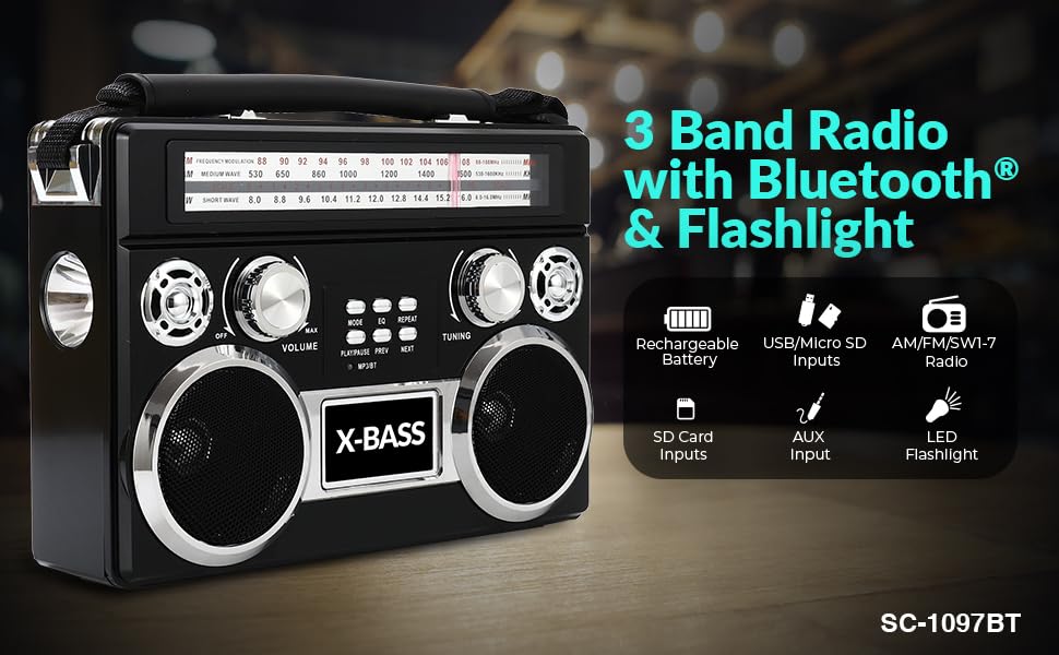 Supersonic SC-1097BT Retro 3-Band Bluetooth Radio with Flashlight, Rechargeable, Black