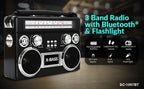 Supersonic SC-1097BT Retro 3-Band Bluetooth Radio with Flashlight, Rechargeable, Black